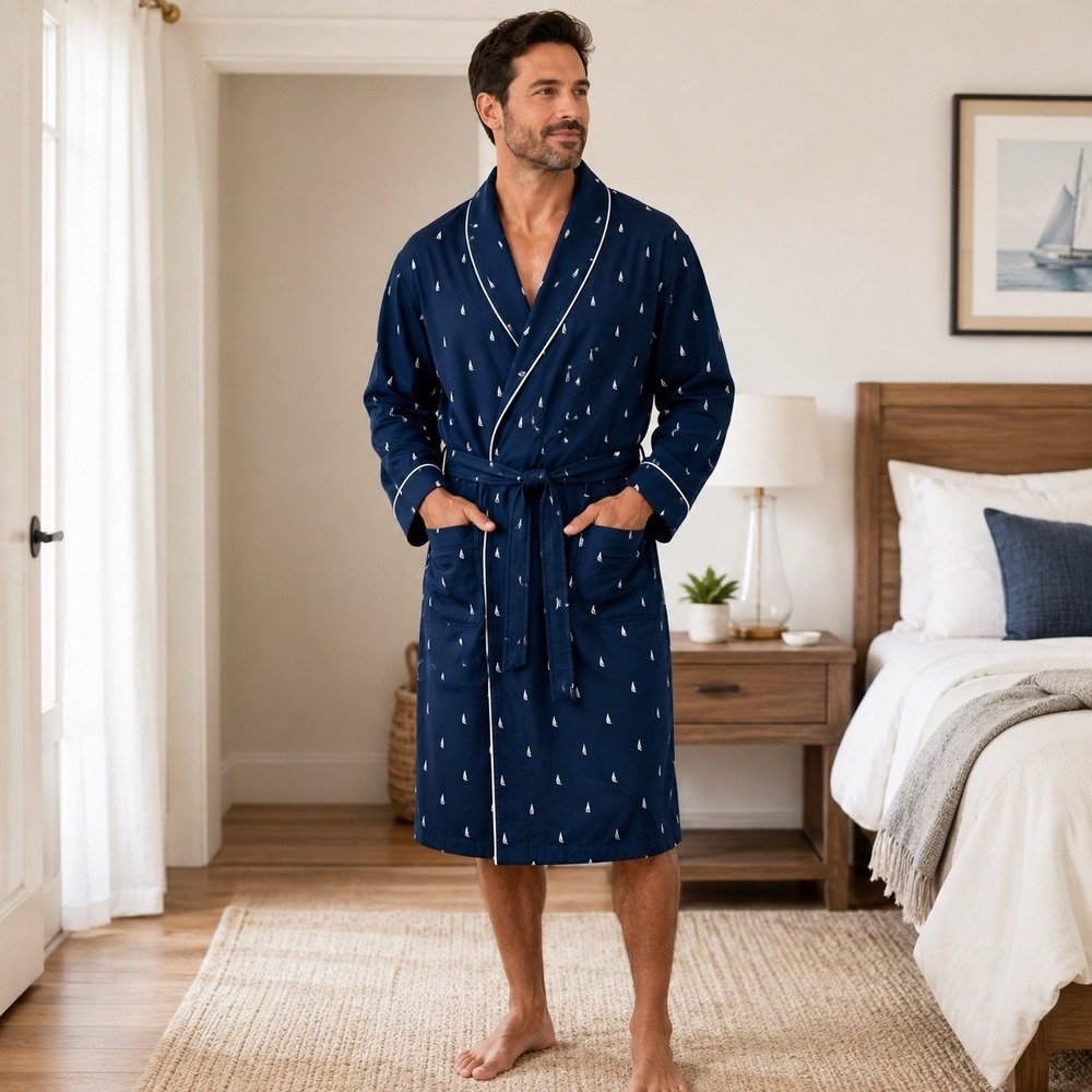 Nautica Men's L/XL Navy Sailboat Sleepwear Robe Belted Lightweight Lounge